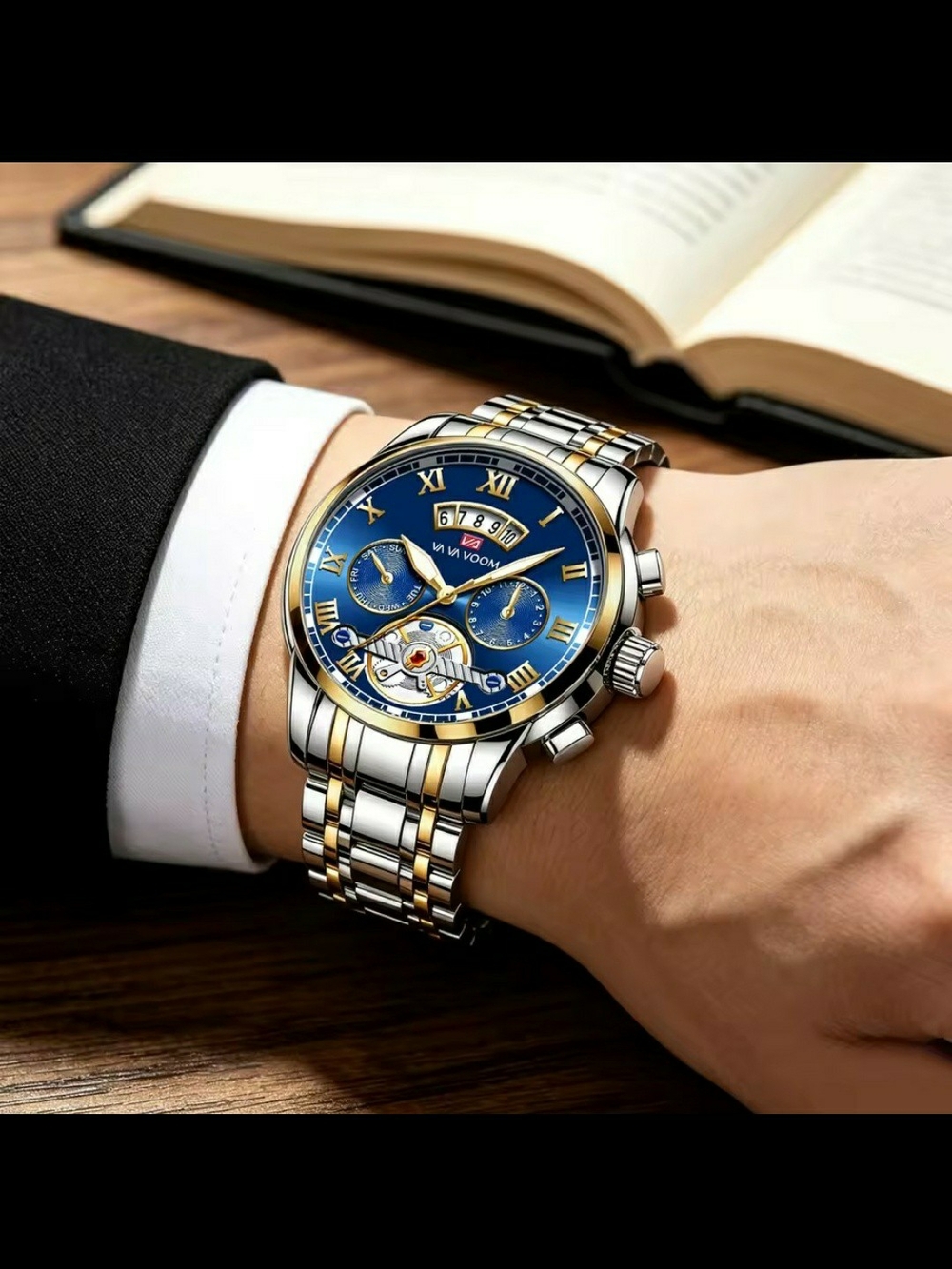 Men's Luxury Style Two-Tone Stainless Steel Watch – Blue Dial Water resistance